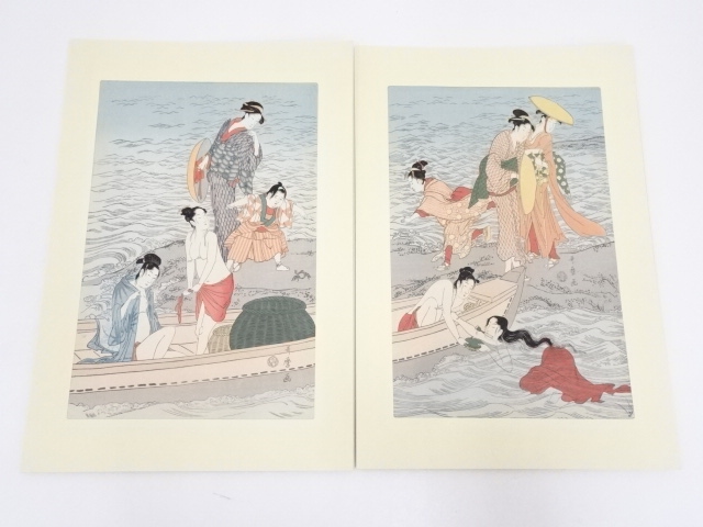 喜多川歌麿　あわび取り　手摺浮世絵木版画（三枚続きの左・中）